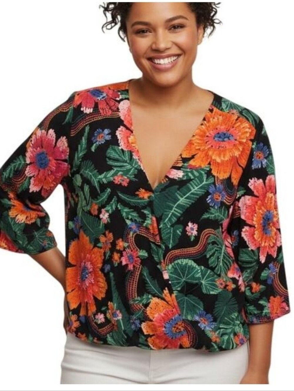 Rachel Zoe Tropical Print Flowey Floral V-Neck Blouse with Orange & Green